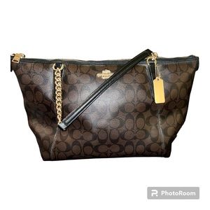 Authentic Coach Ava Chain Signature Brown & Black Pebble Leather Tote